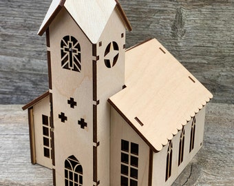 Wooden church 3D,miniature church,  self assembly , for crafts ,decoration, natural wood