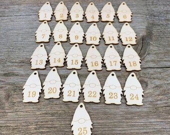 Weihnachtsadventskalender, Holzzwerge Adventszahlen, Adventskalender, wiederverwendbare Knöpfe, Weihnachtsanhänger, 25er Set, Holzzahlen