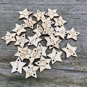 Advent calendar Wooden number tags various sizes, natural wood, reusable buttons, Christmas tags, set of 25, wooden stars