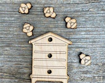 Wooden bee hive shape and 5 bees  various sizes, for crafts , decoration, natural wood