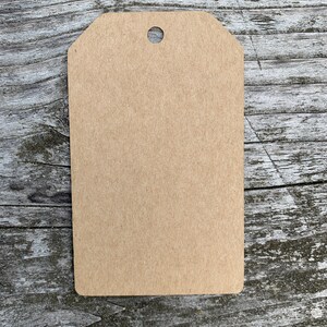 Pode incluir: Uma etiqueta de presente de papel castanho em branco com um furo perfurado no topo.