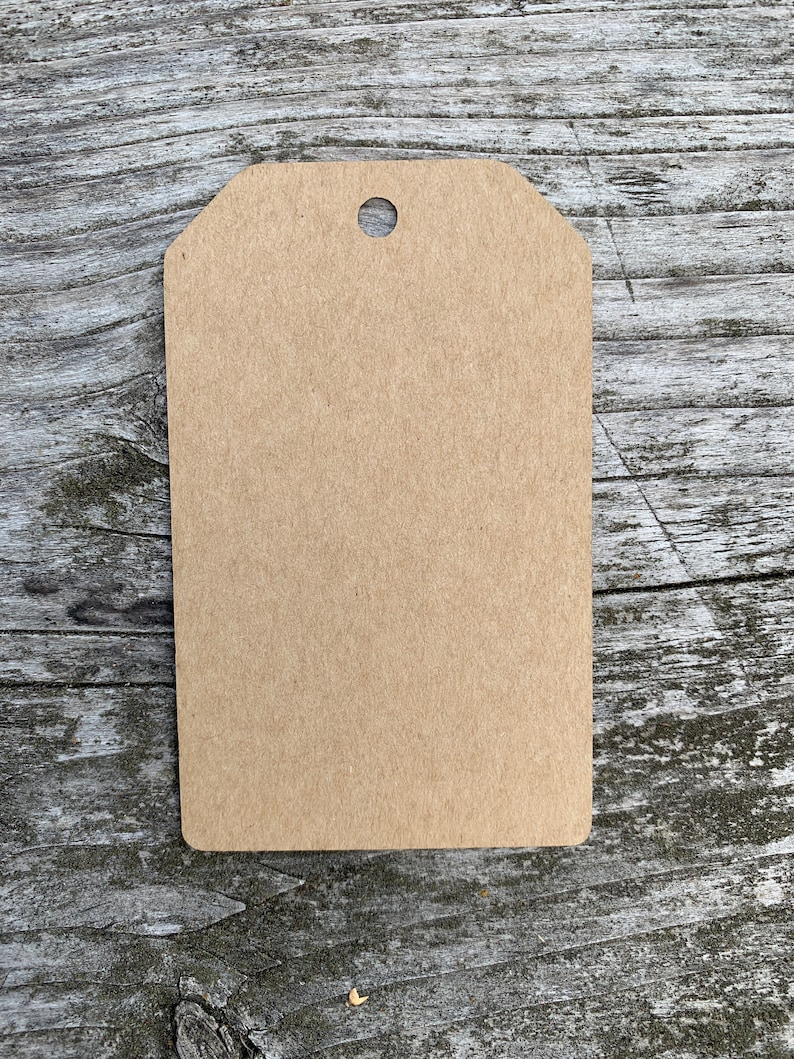 Pode incluir: Uma etiqueta de presente de papel castanho em branco com um furo perfurado no topo.