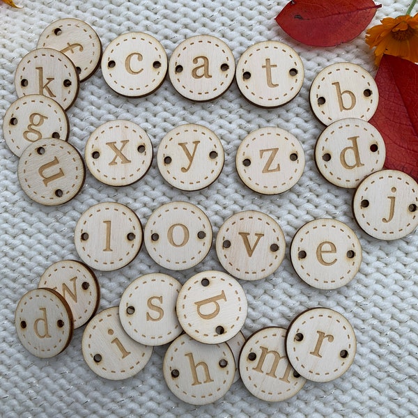 Wooden letter buttons, alphabet, tags, 3 cm - 1.18", natural wood, reusable tags