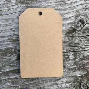 Pode incluir: Uma etiqueta de presente de papel castanho em branco com um furo perfurado no topo.