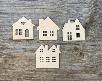 Laser Cut Birch Plywood Mini Houses: Craft Shapes, Various Sizes