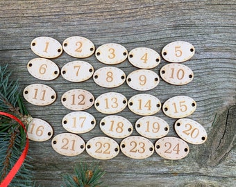 Countdown to Christmas, Buttons Advent calendar Wooden number tags, natural wood, reusable buttons, oval buttons, Christmas tags, set of 25