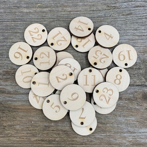 Könnte beinhalten: Ein Stapel aus Holzscheiben mit den Zahlen 1 bis 25 darauf gedruckt. Die Scheiben sind in einem zufälligen Muster angeordnet und haben ein Loch oben.