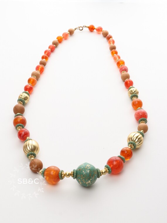 Vintage 1950's multi colored, carnelian bead, gol… - image 2