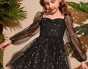 black sparkling star girl dress, New Years girl dress, birthday girl dress, costume dress, formal event dress, party girl dress