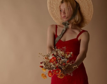 Silk Poppies & Dried Wildflower Bride Bouquet Burnt Orange / Baby Breath Bouquet / Dried Flower Bouquet