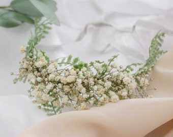 Dried Baby's Breath Flowers Flower Girl Crown, Baby Headband, Artificial Fern Bridal Crown