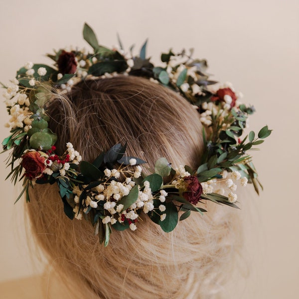 Couronne de feuilles d’olivier grecques conservées, couronne d’eucalyptus séché et de roses séchées, couronne de fleurs de boho, couronne de mariée