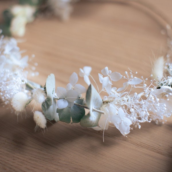 Mini baby's breath and dried eucalyptus crown / bunny tails preserved hydrangea bridal flower crown