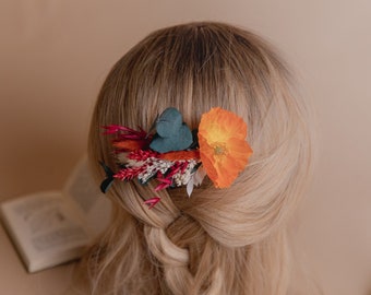 Preserved Eucalyptus Comb & Orange Silk Poppy Flower Dried Flowers Boho Bridal Wedding Hair Comb