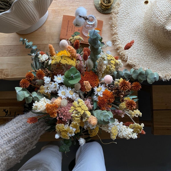 Peach sunset dried eucalyptus & wildflower bridal bouquet / billy balls bouquet / boho bride spring flowers