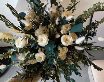 Eternal david austin roses & all preserved eucalyptus greenery boho bridal bouquet / woodland bouquet / enchanted forest bouquet