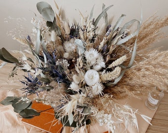 Scottish thistles & eternal english roses pampas grass boho bridal bouquet / wedding dried flowers