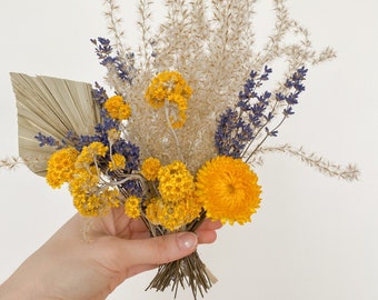 Dried lavender, pampas and palm spears vase arrangement purple and yellow home decor