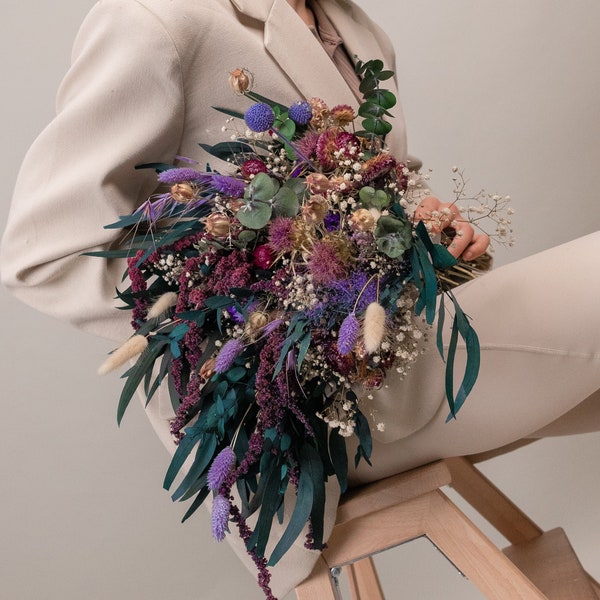 Cascading Dried Wildflower Bouquet Purple Trailing Amaranthus with Artichoke Flowers and Preserved Eucalpytus / Very Peri Purple Bunny Tails