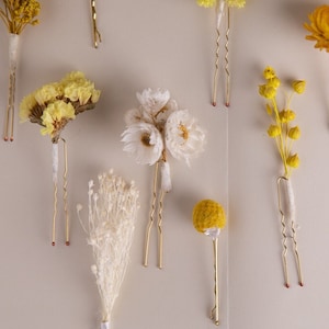 Yellow and White Dried Flowers 15 Piece Hair Pins Set, Boho Hair Pins, Wedding Hair Pins, Flower Pin Set