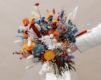 Colourful dried flowers bridal bouquet - burnt orange & blue