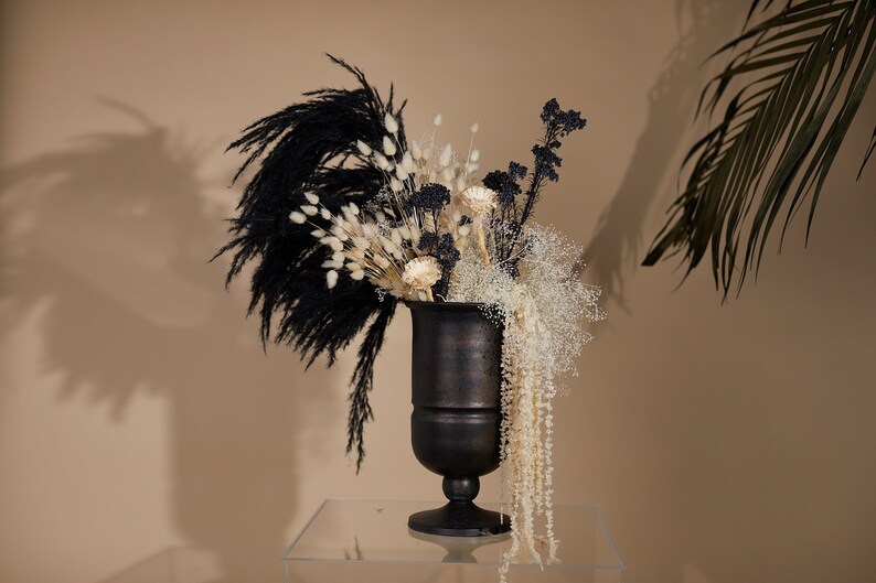 Black wedding statement centerpiece with trailing amaranth & black pampas grass image 3