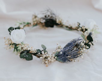 Real dried thistle crown, dried eucalyptus and preserved white roses with thistles crown, boho flower crown , bridal crown