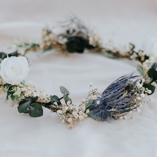 Real dried thistle crown, dried eucalyptus and preserved white roses with thistles crown, boho flower crown , bridal crown