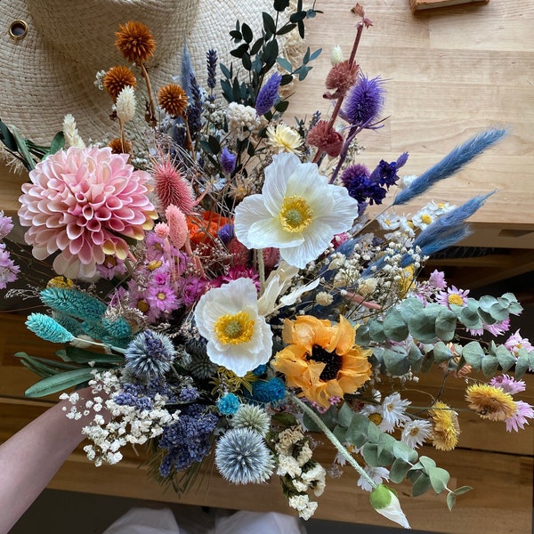 Real touch dahlia & dried daisies wildflower boho bouquet / artificial white anemone and dried eucalyptus spring bouquet