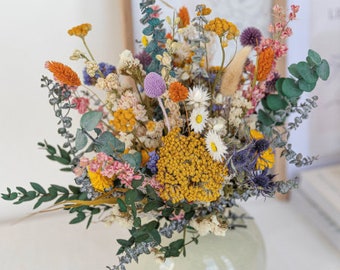 Colourful Dried Flowers Bridal Bouquet - Forest Green & Yellow / Dried Wildflowers and Real Eucalyptus Wedding Bouquet