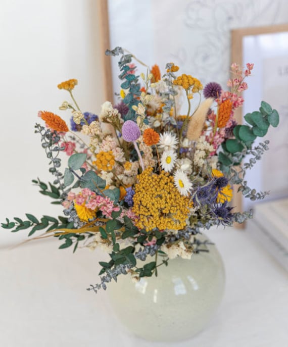 Colourful Dried Flowers Bridal Bouquet Forest Green & Yellow / Dried  Wildflowers and Real Eucalyptus Wedding Bouquet 
