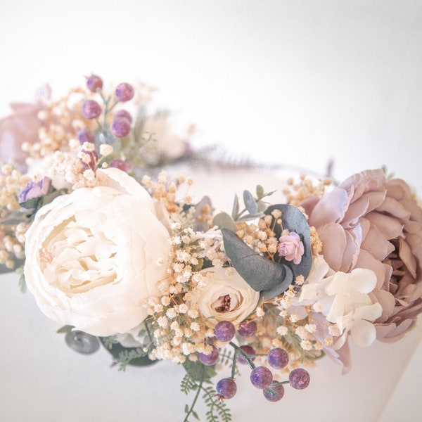 Pastel boho bloemenkroon / boho hoofddeksel / festivalkroon / bruidskroon met gedroogde gypsophilas en kunstmatige pioenrozen