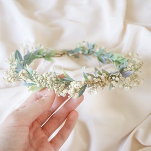 Boho flower wreath, baby's breath flower crown, woodland flower crown, rustic forest herbs, boxwood wedding crown, bride crown, green crown image 9