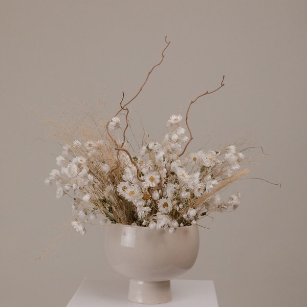 Dried daisies & hazel branches wabi sabi loose flowers centerpiece and vase arrangement