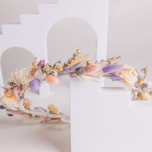 All pastel colors wildflfower boho crown / phalaris, flax seed and bunny tails dried flowers