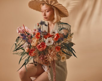 Wild boho bouquet & preserved eucalyptus / orange and red bouquet / cream neutral autumn wedding bouquet