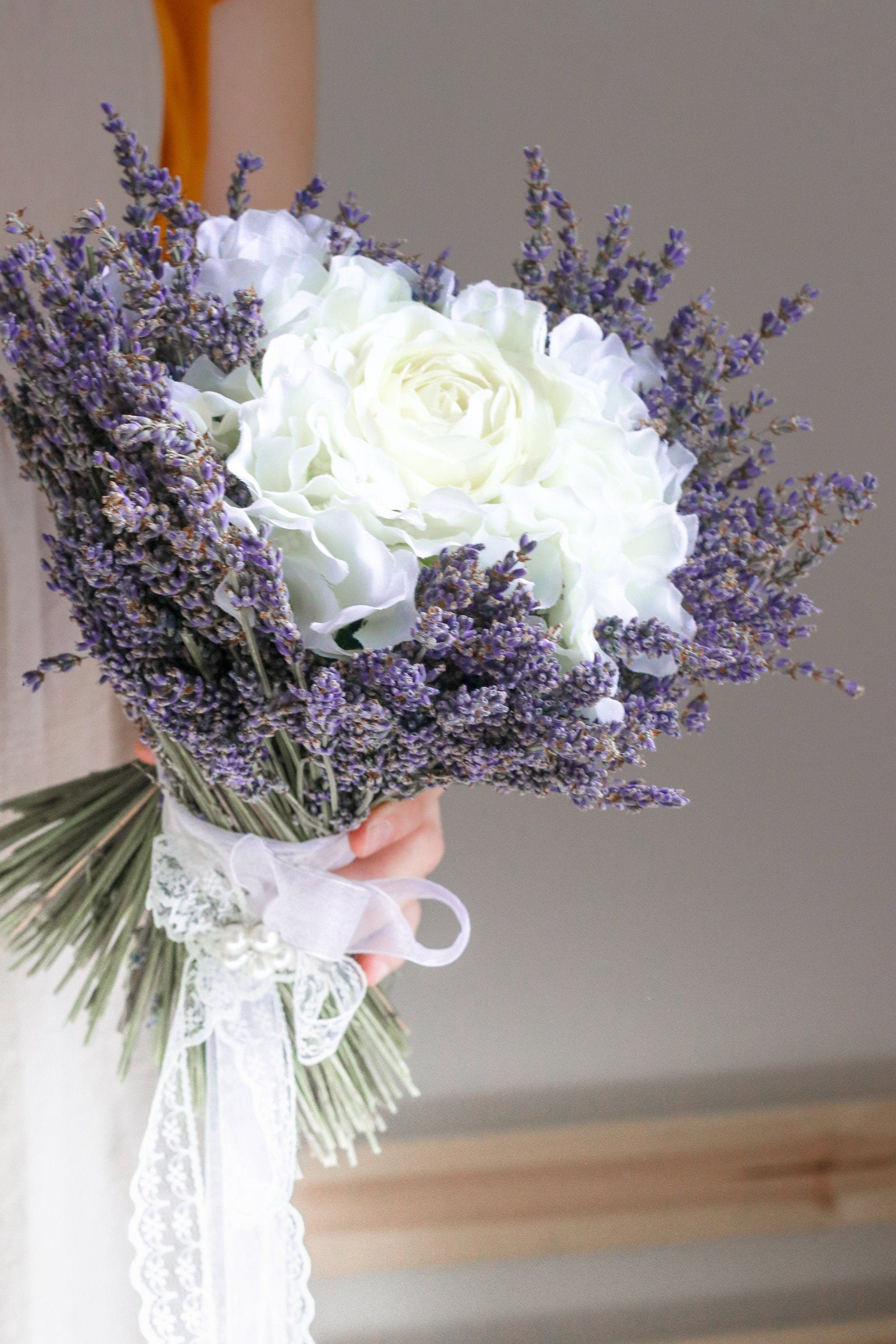 white roses and lavender bouquet