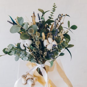 Dried lavender & globe scottish thistles with silk greenery bouquet / artificial greenery wedding bouquet