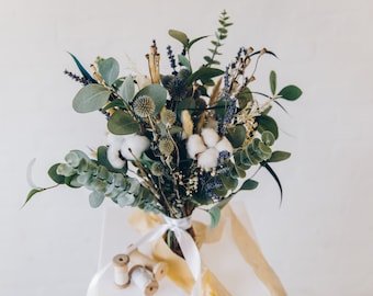 Dried lavender & globe scottish thistles with silk greenery bouquet / artificial greenery wedding bouquet