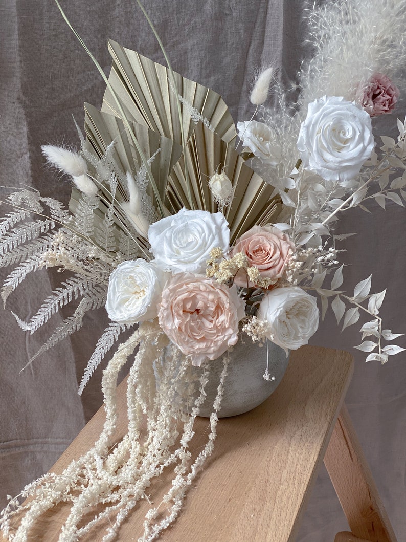 White Pampas Grass Preserved English Rose Floral Vase Etsy