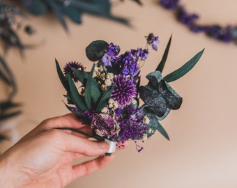 Eucalyptus & globe chardon écossais boutonnières violettes / épinglette pour hommes / épingle de marié / boutonnière boho / boutonnière de marié