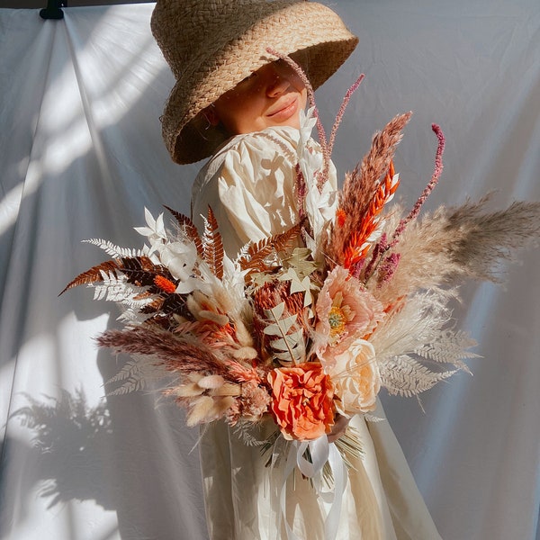 Wildflower dried protea bride bouquet burnt orange and red pampas grass / autumn wedding bouquet / fall wedding