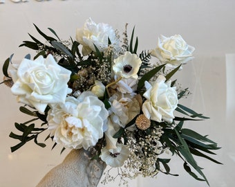 Dried & artificial flowers bridal bouquet - lush green  white