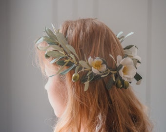 Olive branch wedding crown, olive leaves and cream blossoms, wedding crown, boho wedding crown, greek style wedding crown