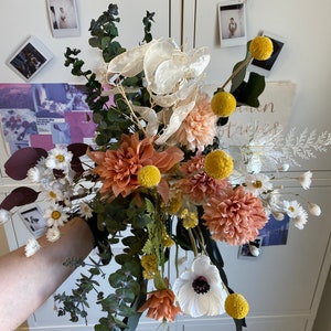 Dried eucalyptus & real touch dahlia wildflower boho bouquet / artificial white anemone spring bouquet image 9