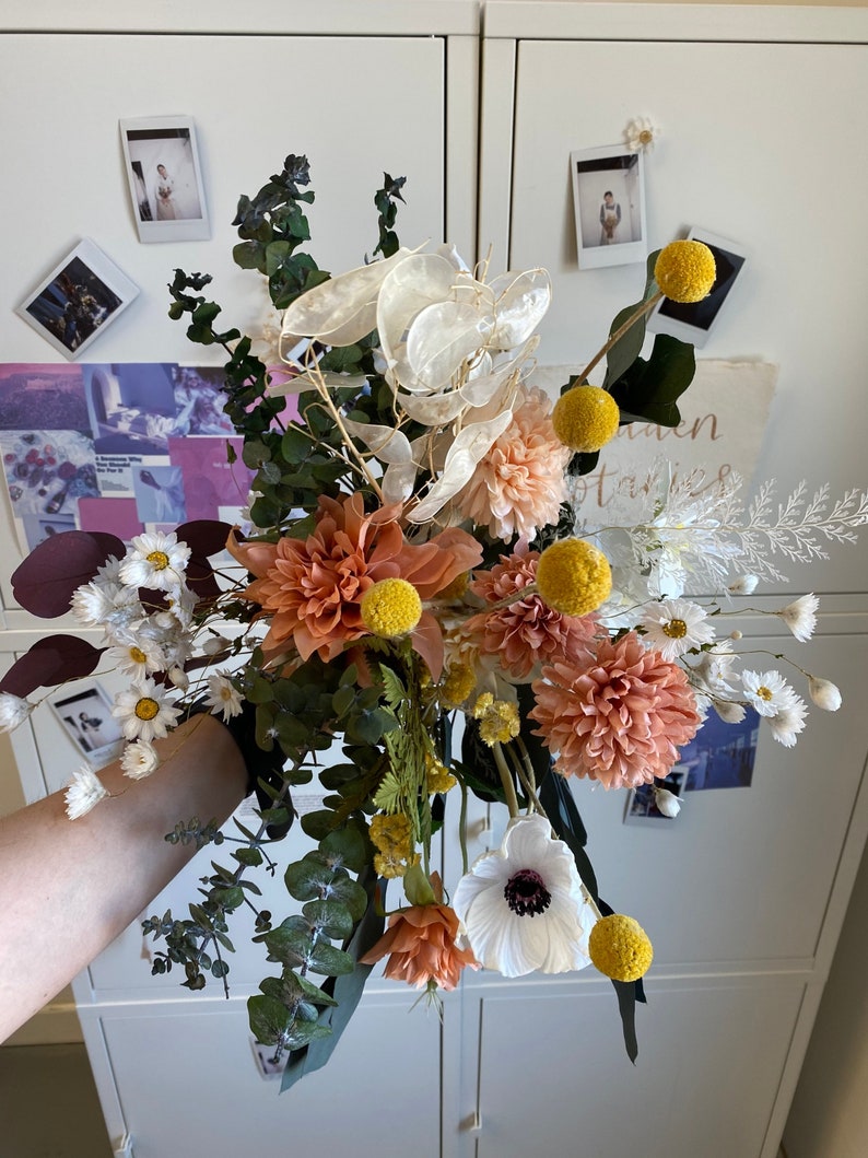 Dried eucalyptus & real touch dahlia wildflower boho bouquet / artificial white anemone spring bouquet image 9