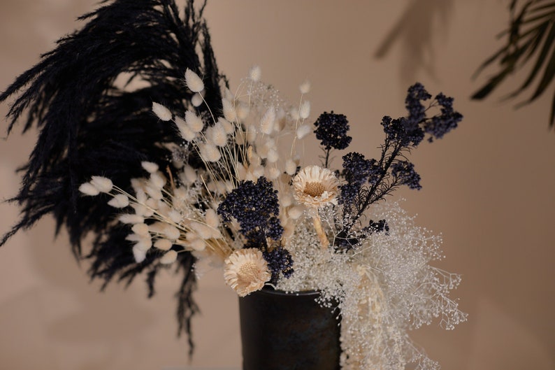 Black wedding statement centerpiece with trailing amaranth & black pampas grass image 6