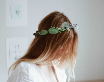 Boho eucalptus flower crown, green flower crown, greenery, eucalyptus crown, silver dollar eucalyptus, wedding crown, boho flower crown