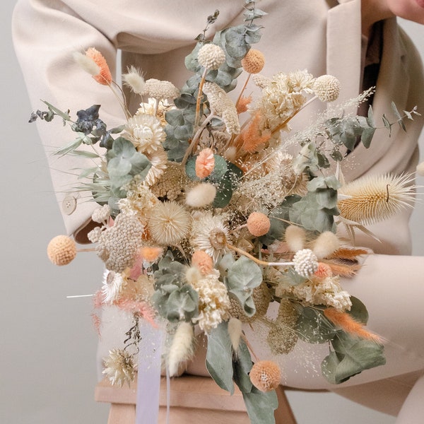 Pastel peach & green wildflower bouquet / dried eucalyptus bouquet / colourful bouquet / white bouquet / salmon bouquet / boho bride