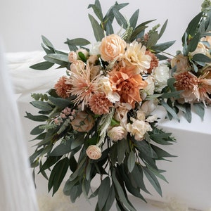 Cascade wedding bouquet peach shades, cascading bridal bouquet, peach wedding bouquet, artificial eucalyptus bouquet